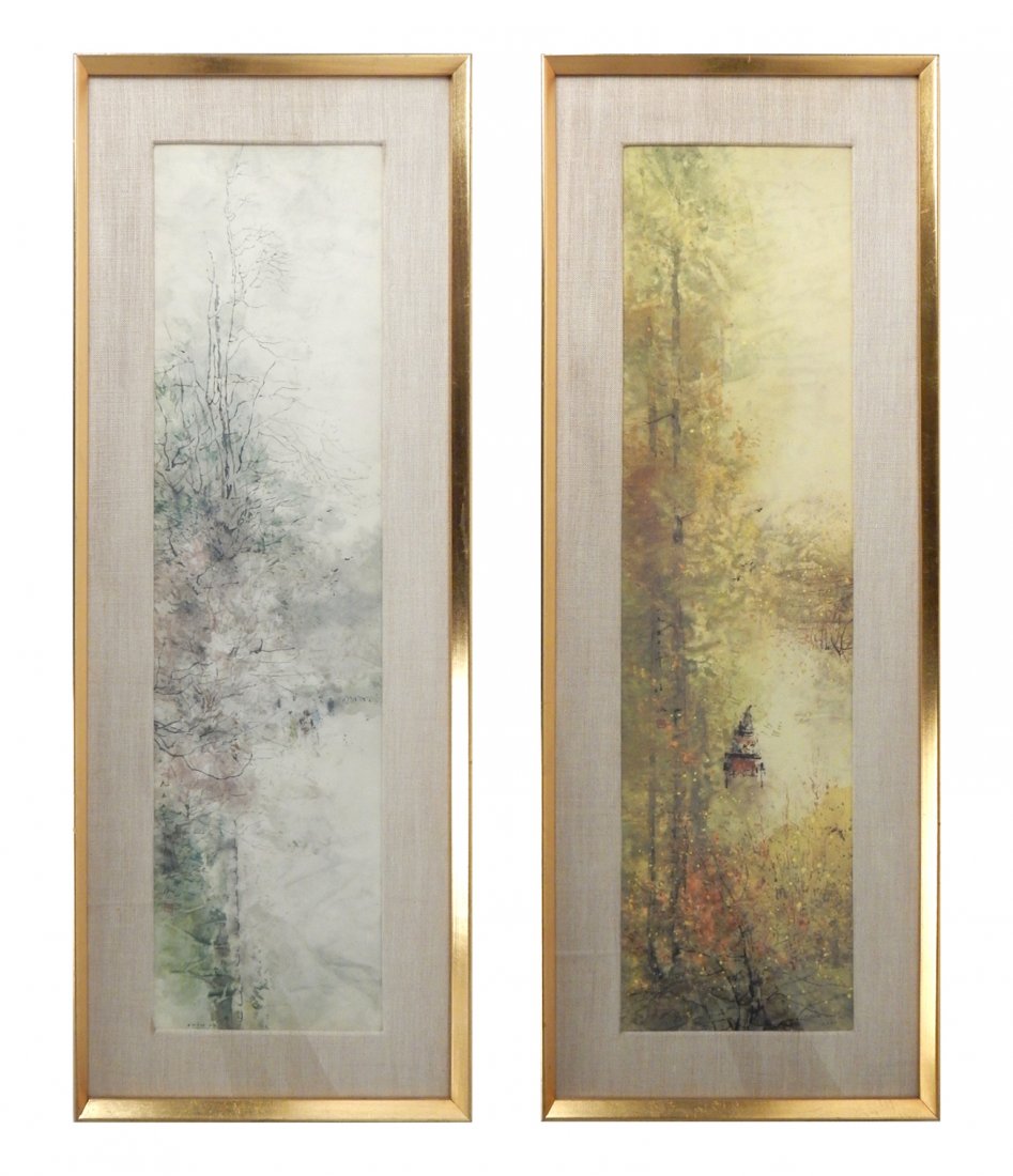 Pair of Chen Chi Lithographs: Vertical scenes of winter and fall. Framed under glass. [Sight: 28" H x7 1/4" W; Frame: 33 1/2" H x 12 1/2" W]. In good condition.