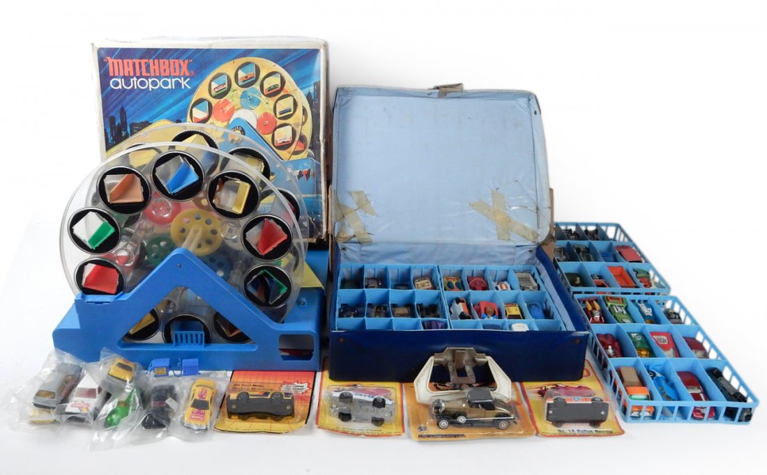 Assorted Toy Cars & Auto Park: Comprises vintage and contemporary cars, trucks, and other vehicles. Manufacturers include: Match box, Hot wheels, Tonka, Majorette, and others. 80+ cars. Condition varies widely. Accompanied by a Mat