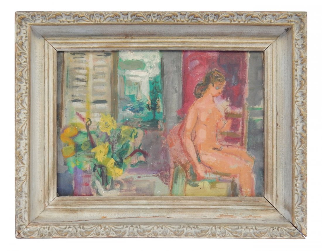 Oil on Canvas, Seated Female Nude: Framed seated nude, at a window, unsigned. [14" W x 10" H; Frame: 17 1/2" W x 13 1/2" H]. Some abrasions.