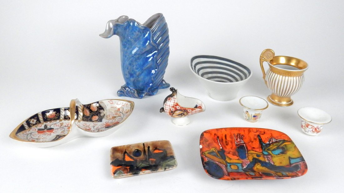 Lot of Nine Porcelain Items: Comprises: 1.) Royal Dux bowl. 2.) Strangl vase. 3&4.) Two Venezia trays (small chip). 5.) Gilt RPM cup. 6&7.) Noritake Occupied Japan dish and salt. 8&9.) Two porcelain. Overall good condition. Lot s
