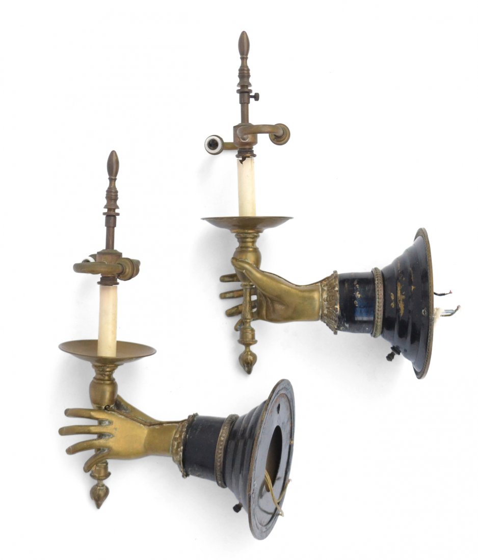 Pair of Hand-Form Sconces: Pair of bronze and wood sconces. [10 1/2" Dia x 16" H]. Patina worn, wood "as is".