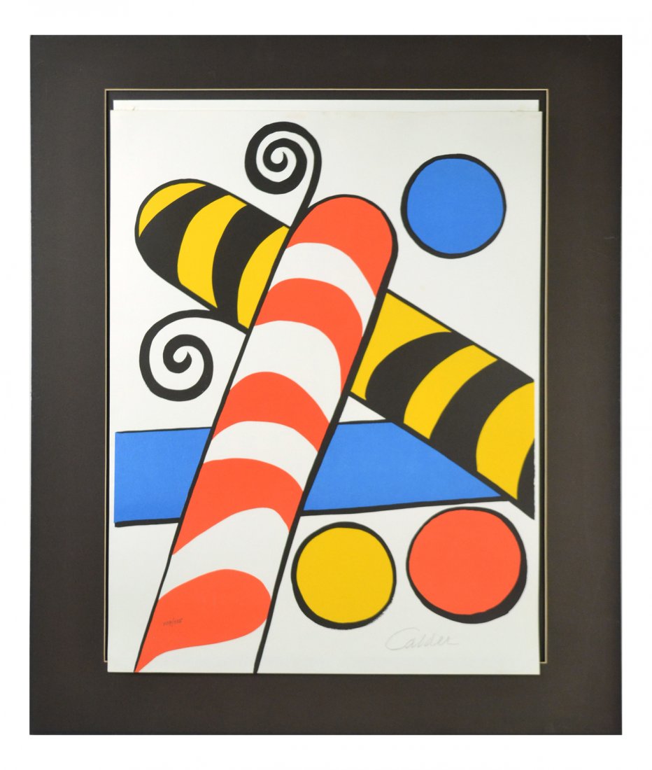 Alexander Calder, Lithograph: Alexander Calder lithograph "Candy Canes". Colorful geometric composition signed bottom right "Calder" and numbered left "107/125" on image. [Art: 29 1/8 x 22 1/8" on slightly larger sheet. Tipped at