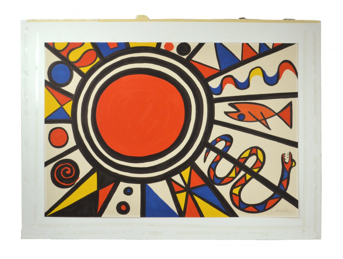 Alexander Calder, Lithograph: Alexander Calder lithograph "Environment & Evolution". Colorful geometric composition with abstract snake and fish elements. Signed bottom right "Calder" and numbered left "65/125". [Art: (printed to