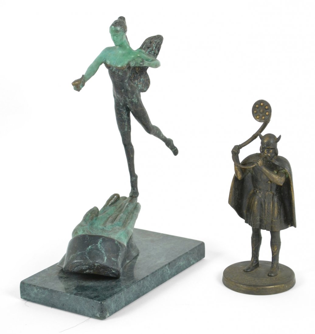 Two Patinated Metal Figures: Comprises: 1.) Viking warrior with battle horn and inscription in Danish on base. Signed on base "Edw Aagaard [8 5/8" H]. 2.) Bronze fairy standing upon an open hand mounted on a green marble base. Si
