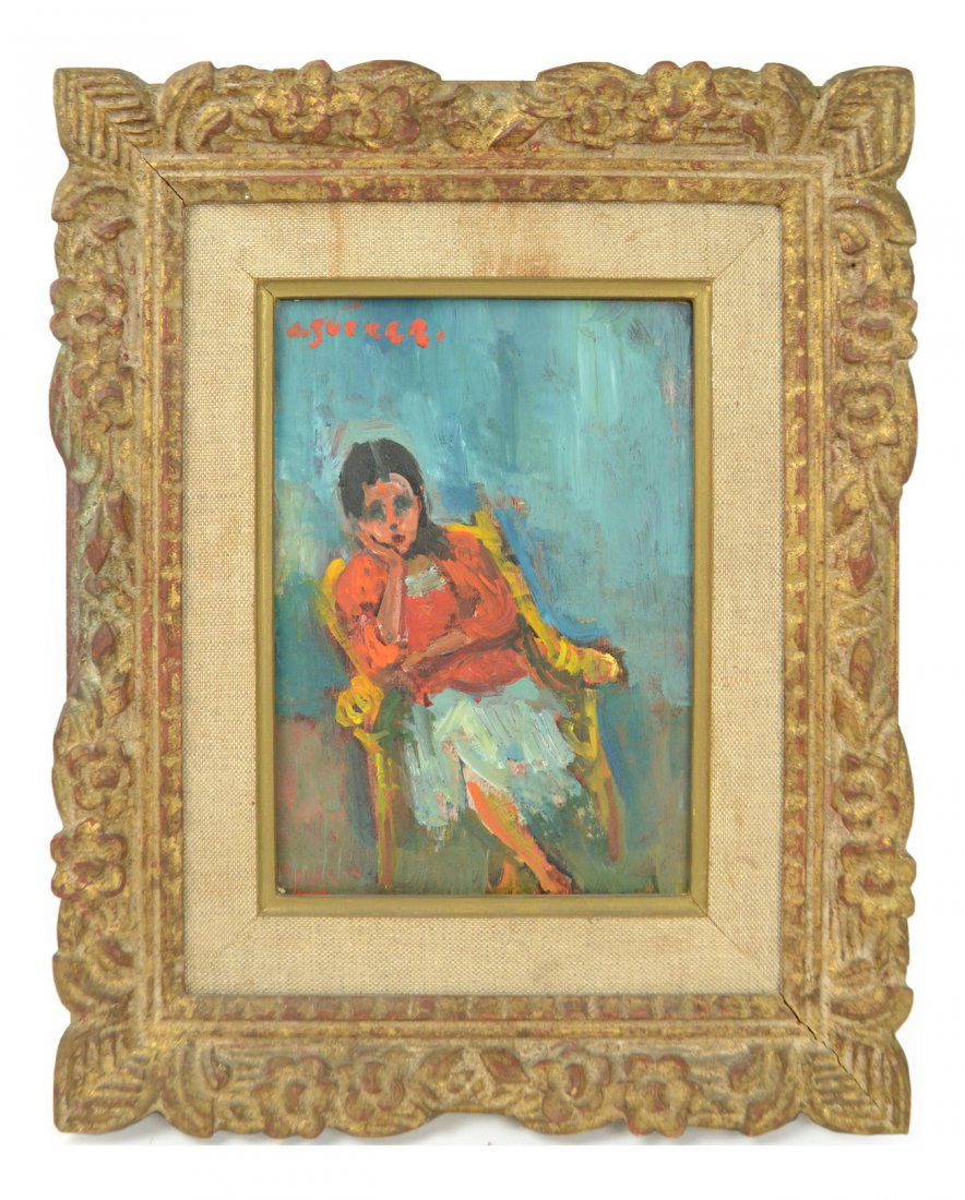 Jacques Zucker, Portrait of a Girl: Impressionist oil on carton board portrait of a girl seated in a yellow chair with chin resting upon her hand. Signed top left "J. Zucker". [Art: 8 1/8" x 6"; Frame: 14 1/8" x 11 7/8"]. Some abrasions