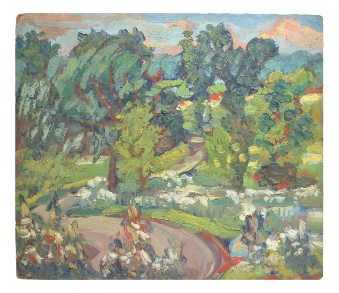 Impressionist Landscape, Oil on Board: Oil on cardboard, depicting a forest road. Unframed. [Art: 12" H x 14" W]. Surface grime, light abrasions to corners and edges. From the collection of Spencertown Art & Antique Company.