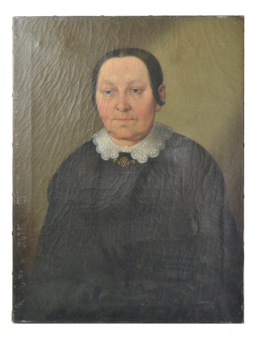 19th Century Portrait of a Woman: Oil on canvas. Portrait of a woman with a white collar. Unframed. [Art: 23 1/2" H x 18" W]. Previously repaired abrasions along left side, minor imperfections, and craquelure. From the collection of S