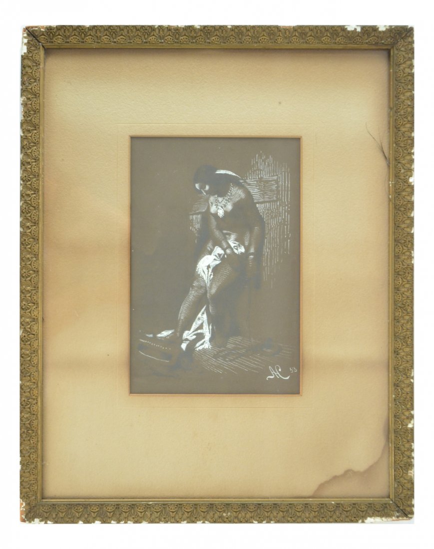 Watercolor - Leaning Female: A framed watercolor of a female reclined against a wall initialed "A.C. 53". [Art: 8 3/4" x 6"; Frame: 17" x 13 1/4"]. Mat soiled, otherwise in good condition. Frame sold "as is". From the collection