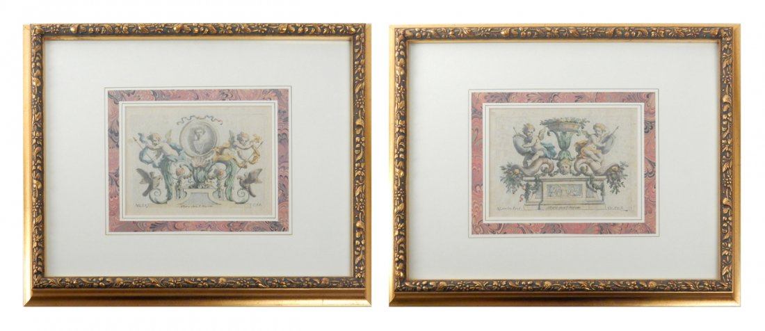 Pair of French Hand-Colored Engravings: Pair of 18th century hand-colored engravings depicting Putti and a cornucopia. "A Paris Chez P. Mariette". [Sight: 5" x 6 1/2"; Frame: 13" x 16"]. In good condition.