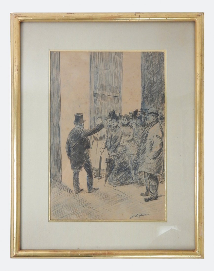 Jean Louis Forain, "Dans Les Coulisses": Jean Louis Forain, "Dans Les Coulisses". Ink and blue crayon on paper laid down onto board. Signed. [Art: 14 3/4" x 9 3/4"; Frame: 21 3/4" x 17"]. Some toning and foxing.