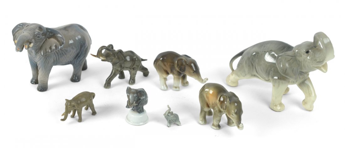 Vintage Continental Porcelain Elephants: Eight elephants with makers including Royal Dux and Rosenthal among others. [Sizes from 1" W x 5/8" D x 1 1/2" H to 8 1/2" W x 3 1/4" x 6 5/8" H]. Condition varies with some bearing losses, all sold t