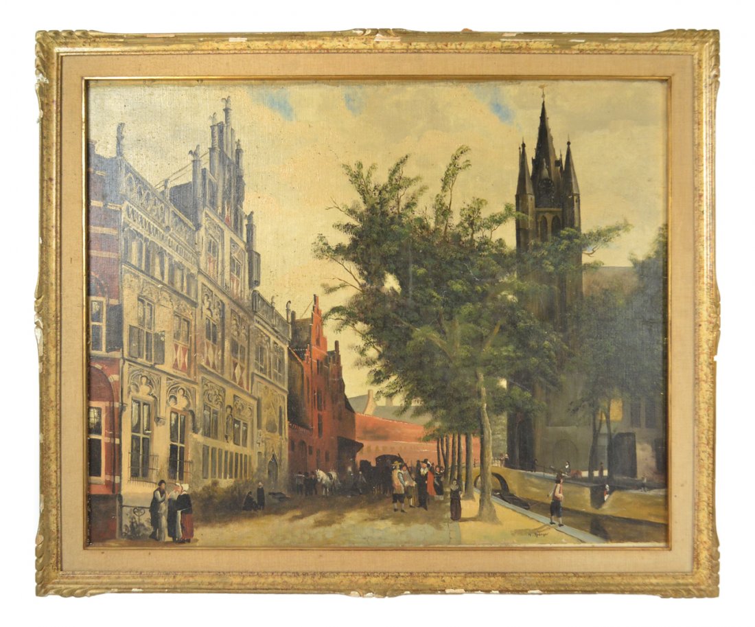 M. Spenger, Oil on Canvas Board: Depicting 18th century or early 19th century town scene with groups of people talking and a large church spire. Signed bottom right. Framed. [Sight: 23 1/2" H x 29 1/2" W; Frame: 28 1/2" H x 34 1/2" W
