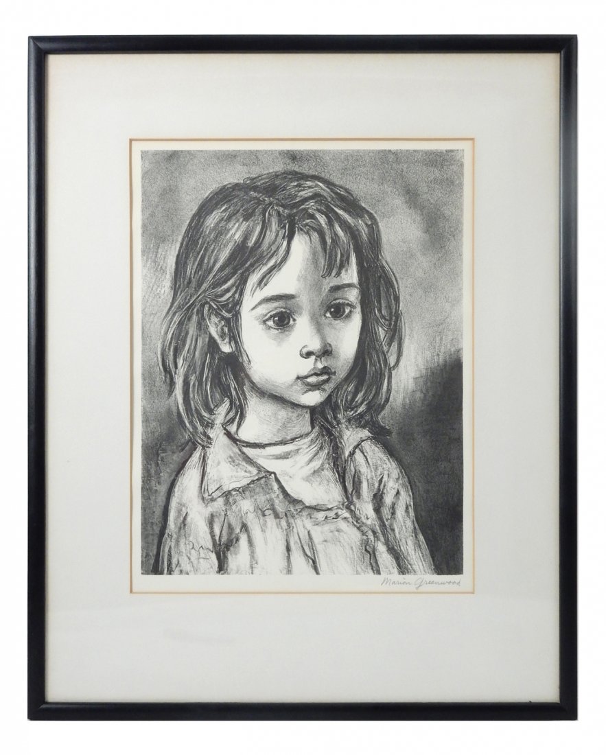 Marion Greenwood Signed Lithograph: Monochrome portrait of a young girl. Signed bottom right. Framed under glass. [Sight: 13 3/4" H x 10 1/4" W; Frame: 20 3/4" H x 16 3/4" W]. Good condition.