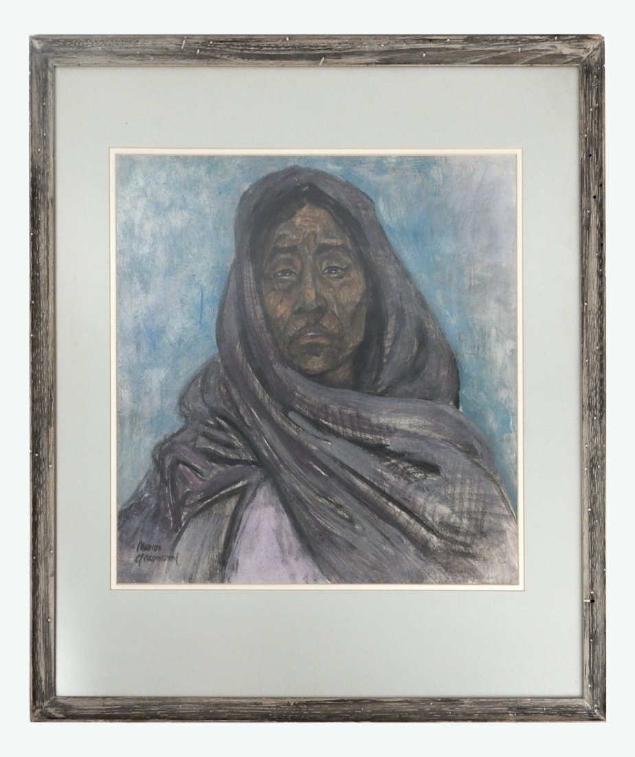 Marion Greenwood, Portrait of a Woman: Mixed media on paper. Woman in head scarf with emotional expression. Signed lower left. Framed under glass. [Sight: 17 1/2" H x 17 3/4" W; Frame: 27 1/2" H x 25 1/2" W]. Cockling.