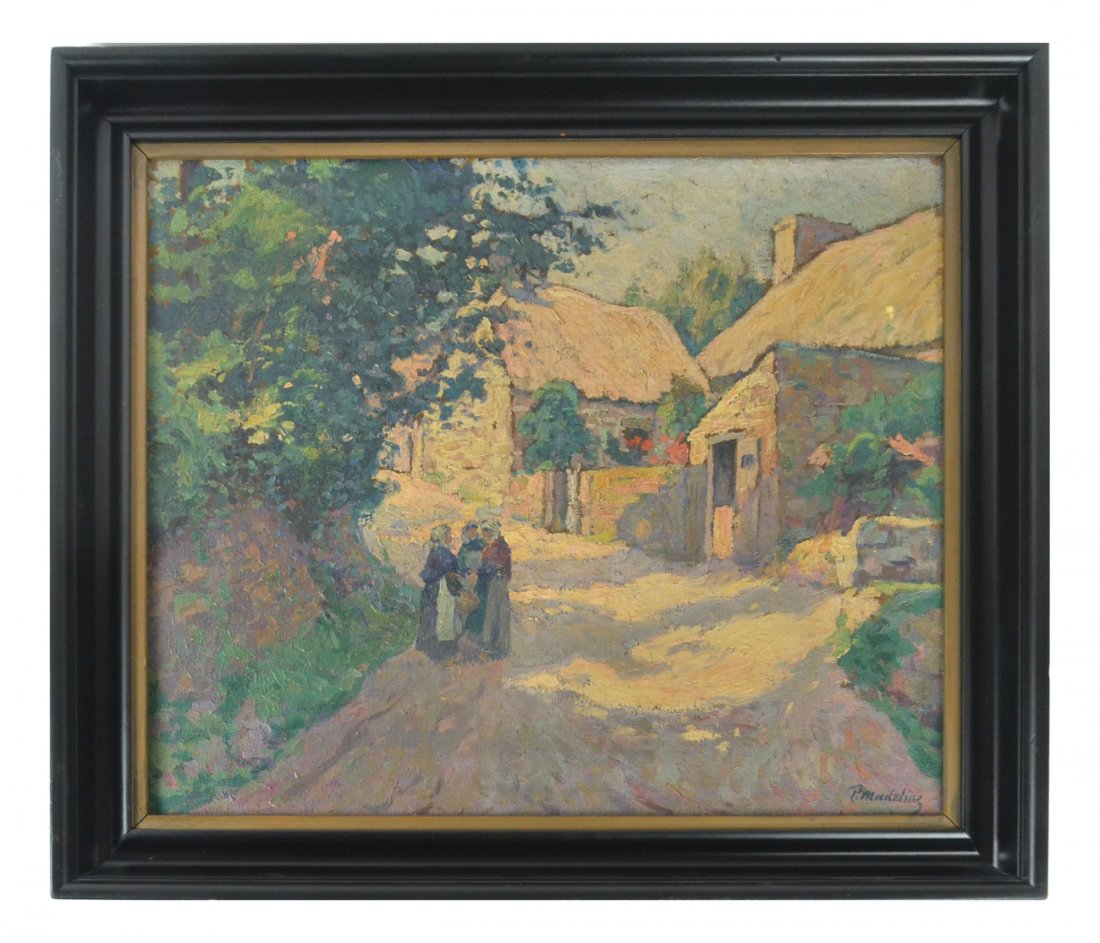 Paul Madeline, Country Road with Figures: Oil on canvas. Impressionist composition with figures on country road and cottages in background. Signed bottom right. "P. Madeline" [Art: 17 3/4" x 21 1/4"; Frame: 22 1/2" H x 26" W]. Surface grime.