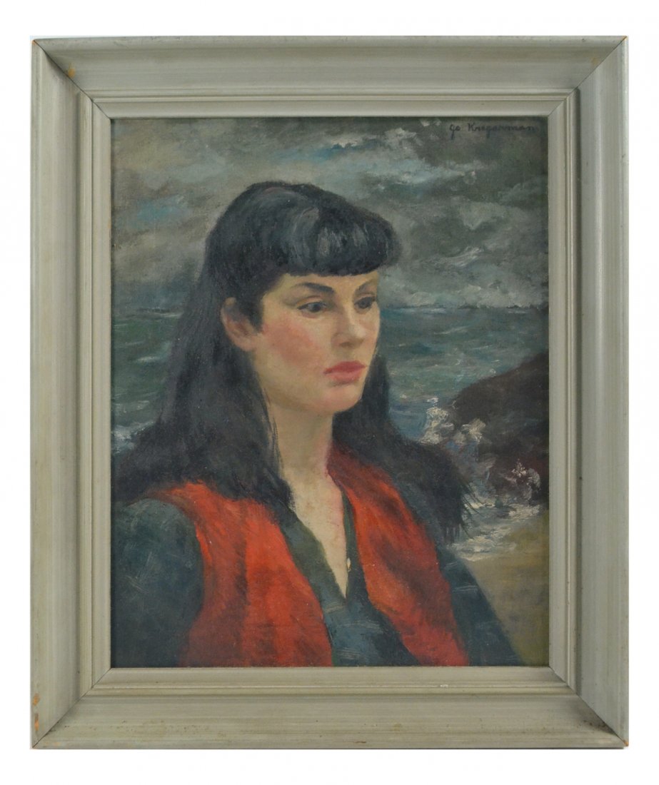 20th Century Portrait of a Woman: Oil on canvas. 3/4 profile bust-length portrait of a dark-haired woman in a red vest. Signed upper right and inscribed verso. Framed. [Sight: 19 1/2" H x 15 1/2" W; Frame: 24 1/2" H x 20 1/2" W]. Mino