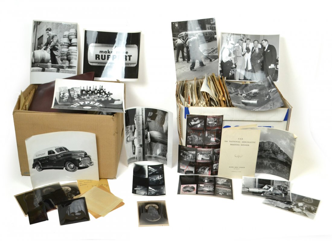 1940s Commercial Photography Archive: Contains hundreds of 8" x 10 1/4" photographic prints and negatives. Subjects span commercial and industrial scenes, including: early American jet engines (with a captured German VI rocket, canned foo