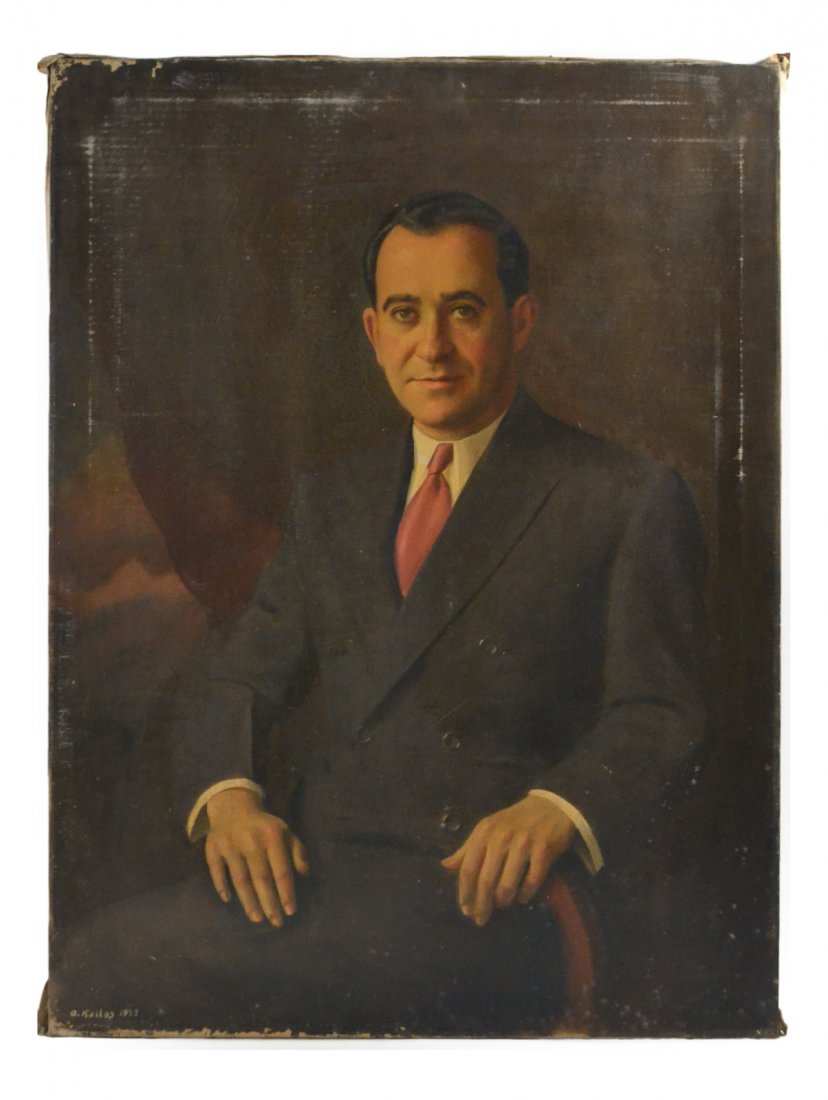 Arpad Kallos, Portrait of a Man: Oil on canvas. Arpad Kallos (Hungarian-American, born 1882). Waist-length full profile portrait of a man in a business suit. Signed and dated "1933" bottom left. Unframed. [Art: 40" H x 30" W]. Scuffs