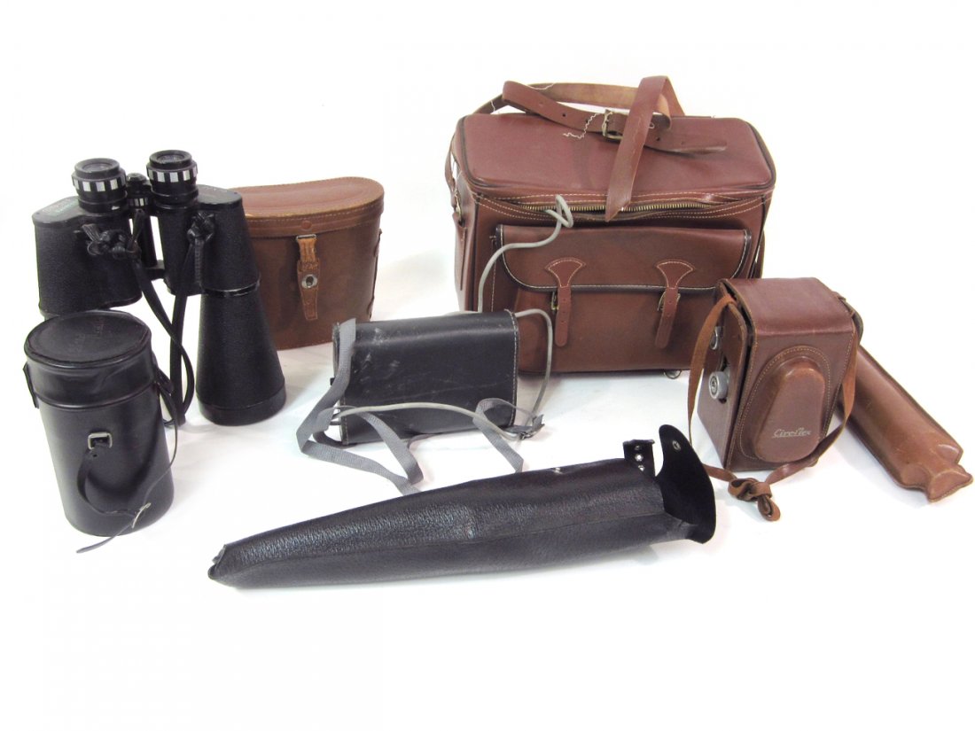 Group of Vintage Photographic Equipment: Comprises Circo-Flex Camera, Compass binoculars, Magna binoculars, Sun lens,tripod, telescope and case. 7+ pieces.