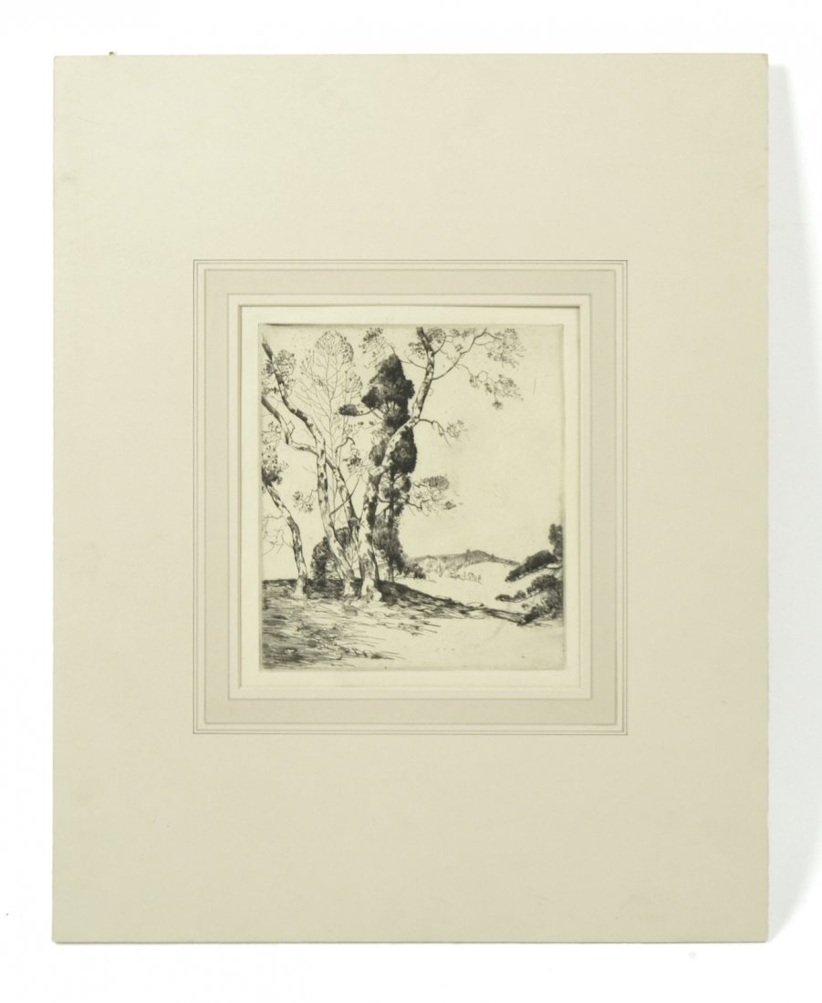 Alfred Huber Hutty, "Hill Country": Drypoint etching. Depicts a strand of poplar trees with low hill rising in background. Unsigned. [Sight: 7 3/4" x 7"; Sheet: 9 7/8" x 8 7/8"; Matte: 20" x 16"]. Tipped at top corners to mount with aci