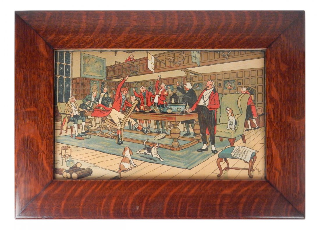 Cecil Aldin, "Hunt Supper" Lithograph: Cecil Aldin, 1900. Color lithograph. Signed lower right. "Hunt Supper". [Sight: 6 1/2" H x 10 1/2" W; Frame: 10 1/2" H x 14 1/2" W]. In good condition.