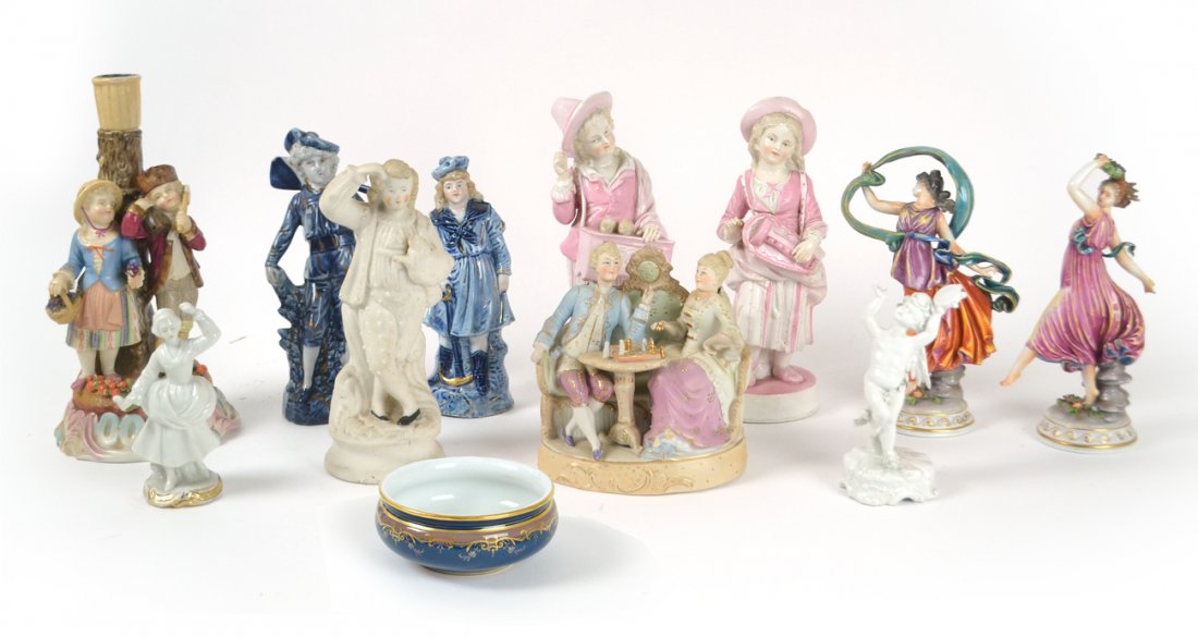 Porcelain Figures and Bowl: Comprising 3 bisque figures, 8 glazed figures, and 1 bowl. Includes Meissen, Capodimonte, Sitzendorf, and others. [Smallest: 2 1/2 Dia x 5 1/2" H; Largest: 5" Dia x 10" H]. Generally good condition, l