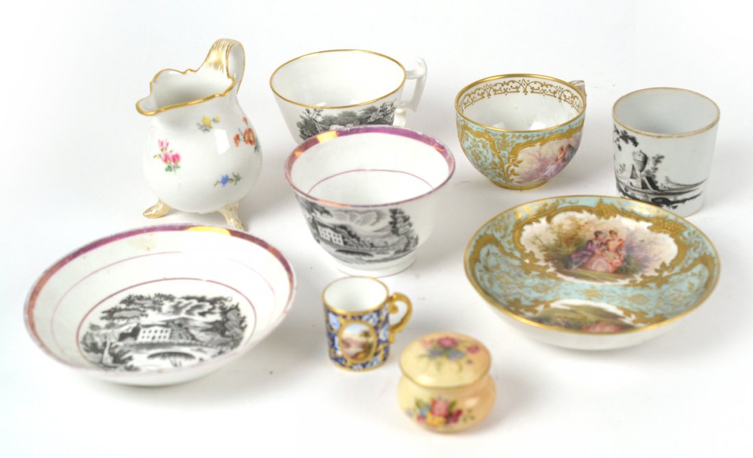 Group of Porcelain: Gitens, KPM, Meissen: Comprising Coalport miniature mug, KPM hand-painted teacup and saucer, Meissen creamer, 3 cups (one with saucer), Royal Worcester mini jar. [Small: 1 1/2" H; Large: 3 3/4" H]. Overall good condition,