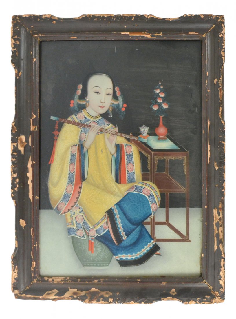 Antique Chinese Verre Eglomise Portrait: Reverse painting-on-glass depicting a noble youth in ornate costume holding a scepter. [Art: 23" x 16"; Frame: 27 1/2" x 20 3/4"]. Some frame rubbing at bottom sides.