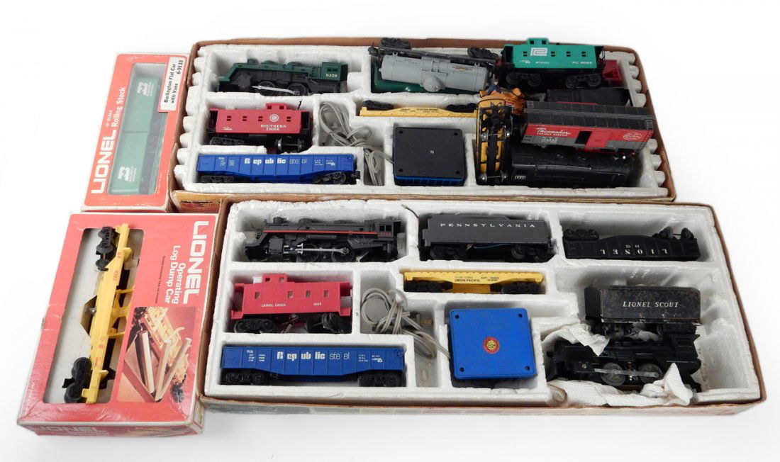Assorted Lionel Train Engines & Cars: Comprises vintage and modern items including: 1.) "027" gauge-engine and five assorted cars with an "American Flyer Lines" workman pump car. 2.) "0" gauge-three engines and 15 assorted cars. 3.) Two t