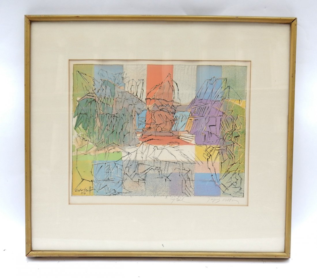 Jacques Villon Abstract: Framed lithograph "Octobre '54" signed in pencil, lower right. [Art: 12" W x 16" H; Frame: 26" W x 23 1/4" H].