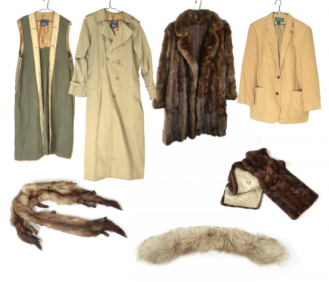 Lot of Ladies Coats: Comprises: 1.) Mink knee-length coat. Approximate size 14 to 16. Accompanied by a mink shawl [72" L x 12" W], a fox collar [28" L x 4" W], and taxidermied three mink collar [60" L]. 2.) Burberry rainc