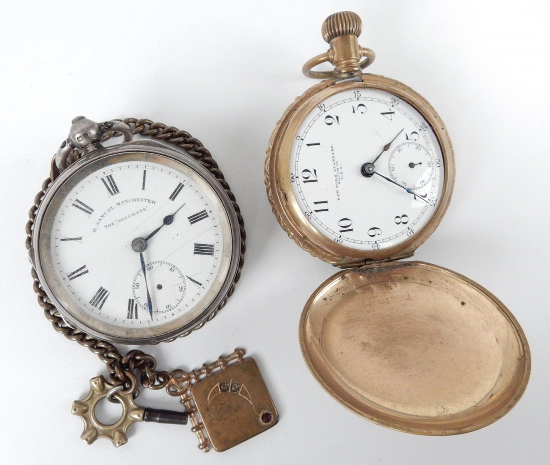 Two Antique Sterling Silver Pocket Watches: Comprises: 1.) Sterling silver H. Samuel Manchester, the "Accurate" open face pocket watch. Bears brass chain and fob with winding key. 2.) New York Standard Watch Co. brass case pocket watch with loo