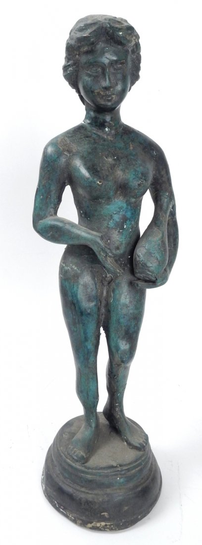 Patinated Metal Replica of Roman Bronze: Nude woman holding water jug. [5 1/2" dia x 20 1/2" H]. Sold "as is".