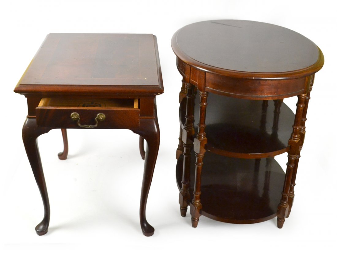 Two Mahogany Tables: One oval, one rectangular. [18" W x 24" D x 22 1/2" H; 27" W x 20 1/2" D x 25" H]. Each sold "as is". Scratches. One broken drawer.