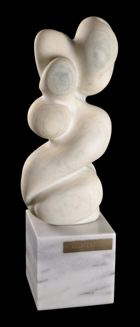 T. Adrian T., "Mother and Child" Marble: Abstract biomorphic sculpture on marble cube base. [Sculpture: 5" W x 3 1/2" D x 11 3/4" H; Base: 4 1/2" W x 4 1/2" D x 4 1/2" H].