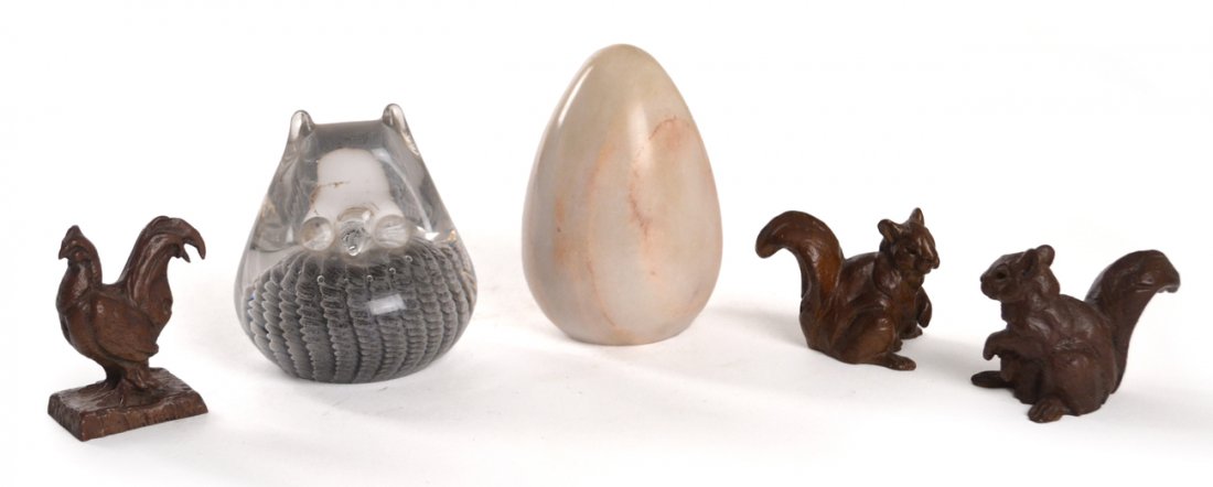 Five Paperweights: Three bronze animal figurine weights, larger glass owl weight, and marble egg. [Egg: 3" Dia x 4 1/2" H]. Overall good condition.