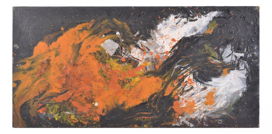L. Durian, Abstract Expressionist Oil: Abstract Expressionist oil on canvas with areas of heavy impasto. Inscribed verso. [Art: 18" x 36"]. Dimple and chip to paint, lower left.