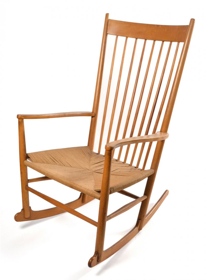 Modern Danish-Style Rocking Chair: Modern Danish-style rocking chair. Rib-back wicker seat rocking chair. [24 3/4" W x 31" D x 41 3/4" H].