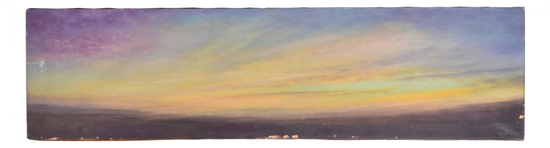 Packard, Horizon - Oil on Canvas: Horizontal canvas depicting the horizon at sunset. Signed and dated (8/16/75) bottom right. Unframed. [Art: 11 3/4" H x 43 1/2" W]. Surface grime, abrasions around edges.