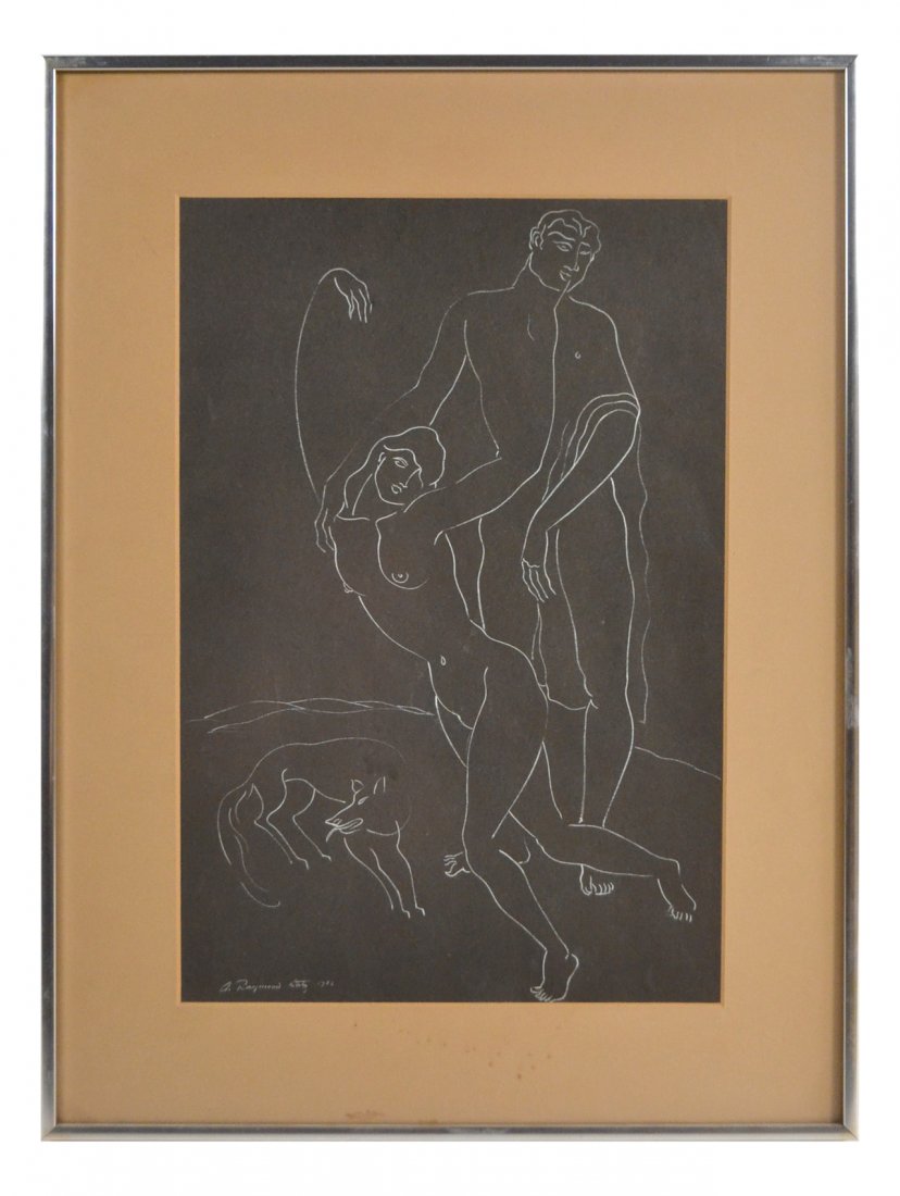 Alexander Raymond Katz, Nudes with Dog: White brush drawing on black ground featuring male and female nudes with dog. Signed and dated '1952' bottom left. Framed under glass. [Sight: 18" H x 12" D; Frame: 24 1/4" H x 18 1/4" D]. In overall
