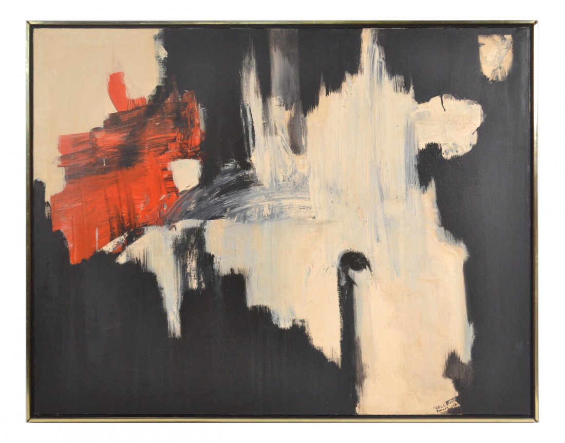 Rita L. Frost, Abstract - Oil on Canvas: c. 1970's abstract expressionist depiction accomplished in red, white and black. Signed and dated '1970' bottom right. [Sight: 33 1/4" H x 43 1/4"; Frame: 34 3/4" H x 44 1/4" W]. In overall good condi