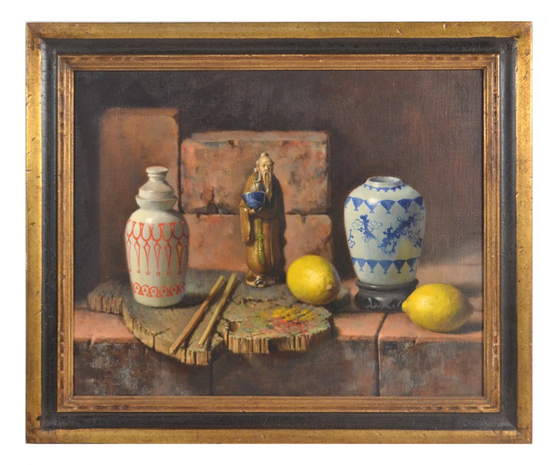 Joe Hing Lowe, Still Life- Oil on Canvas: Oil on canvas still life with figurine, two ginger jars, chopsticks, and lemons. Signed lower right. Gallery tag on verso. [Sight: 15 1/2" H x 19 1/2" W; Frame: 20" H x 24" W]. In overall good conditi