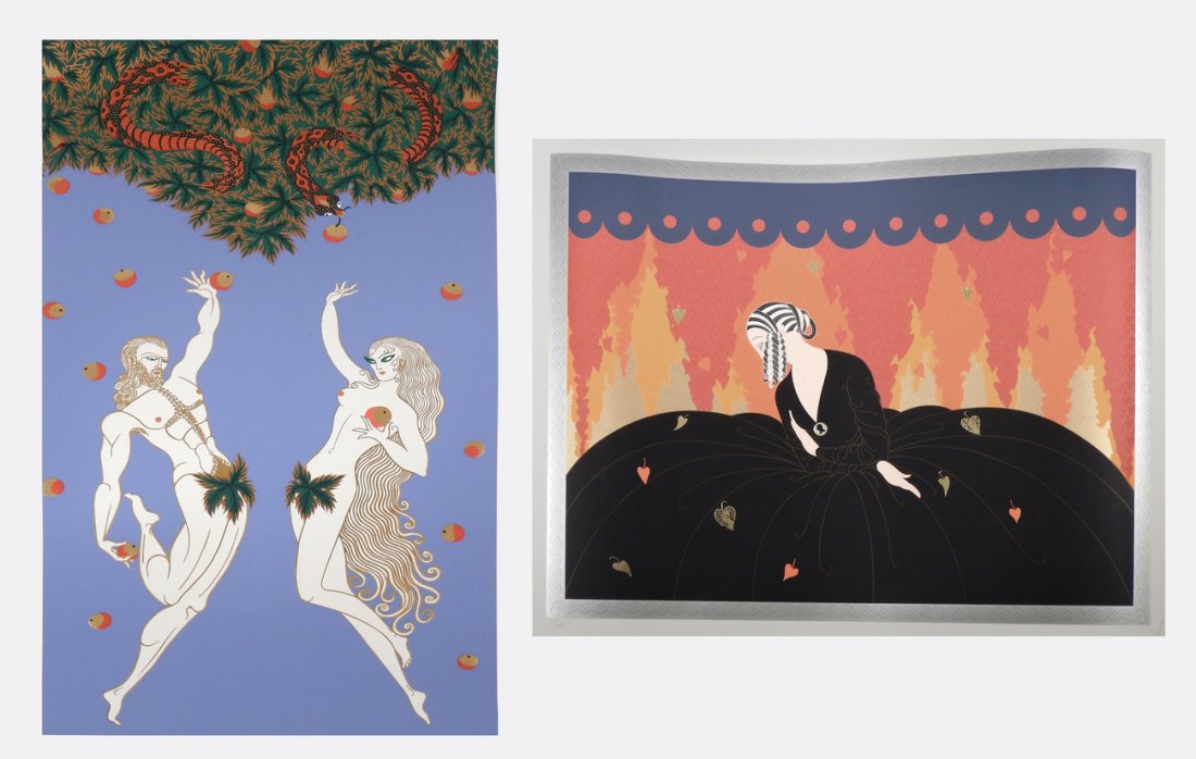 Erte, Two Signed Ltd Edition Serigraphs: Comprises: 1.) "Adam and Eve". Numbered in pencil at bottom left margin "AP 31/48" and signed right "Erte". [Image: 30" x 15 1/4" on sheet 37" x 21 1/4"]. 2.) "Memories". Numbered in pencil at bottom