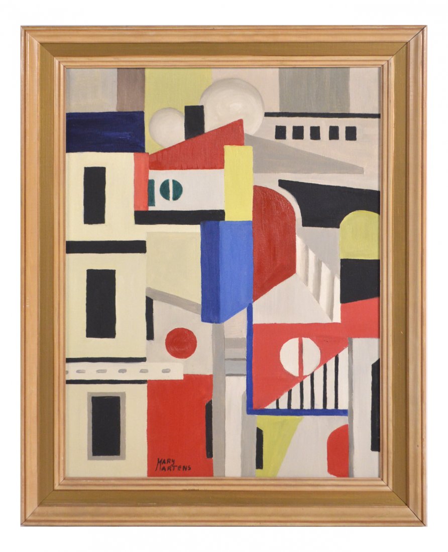 Mary Martens, Architectural Abstract: Oil on board cubist abstract in the manner of F. Leger. Signed bottom center left. [Art: 23 1/2" x 17 3/8"; Frame: 28 1/4" x 22 1/4"]. Board slightly bowed at top center and light soiling.
