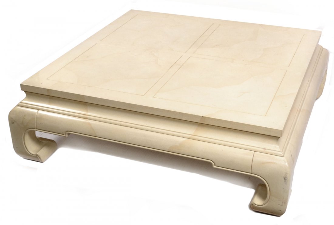 Asian-Style Low Table: Creme low cocktail table in the manner of James Mont. [48" x 48" x 14 1/2"]. Wear.