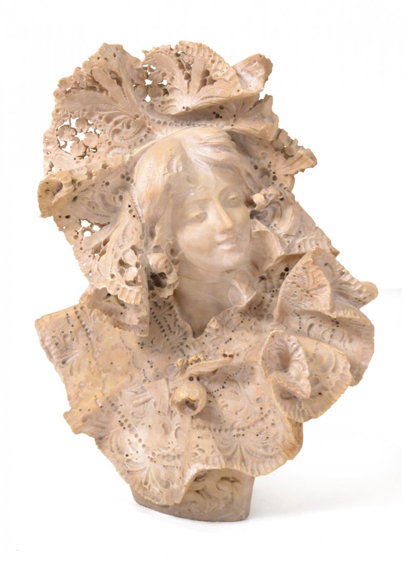 Alabaster Classical Female Bust: 19th century bust with raised and pierced decor. [21 1/2" H x 17 1/4" L]. In overall good condition.