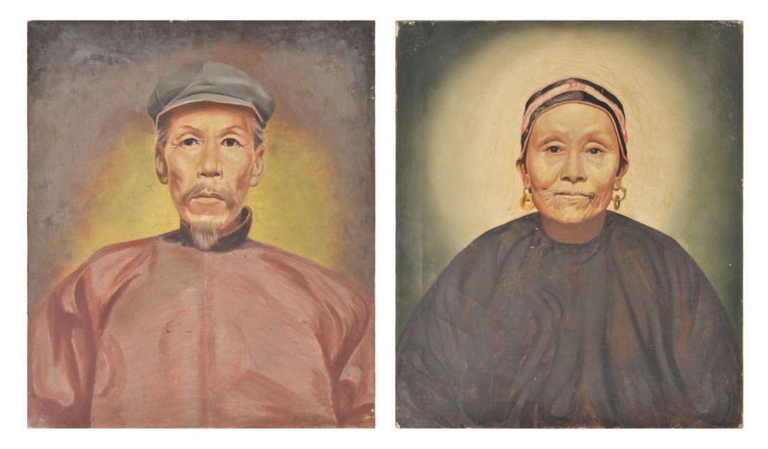 Pair of Portraits, Man and a Woman: Early 20th century oil on canvas portraits depicting a man and a woman, possibly of Vietnamese origin. Unframed. [Art: 26" H x 22"]. Surface grime.