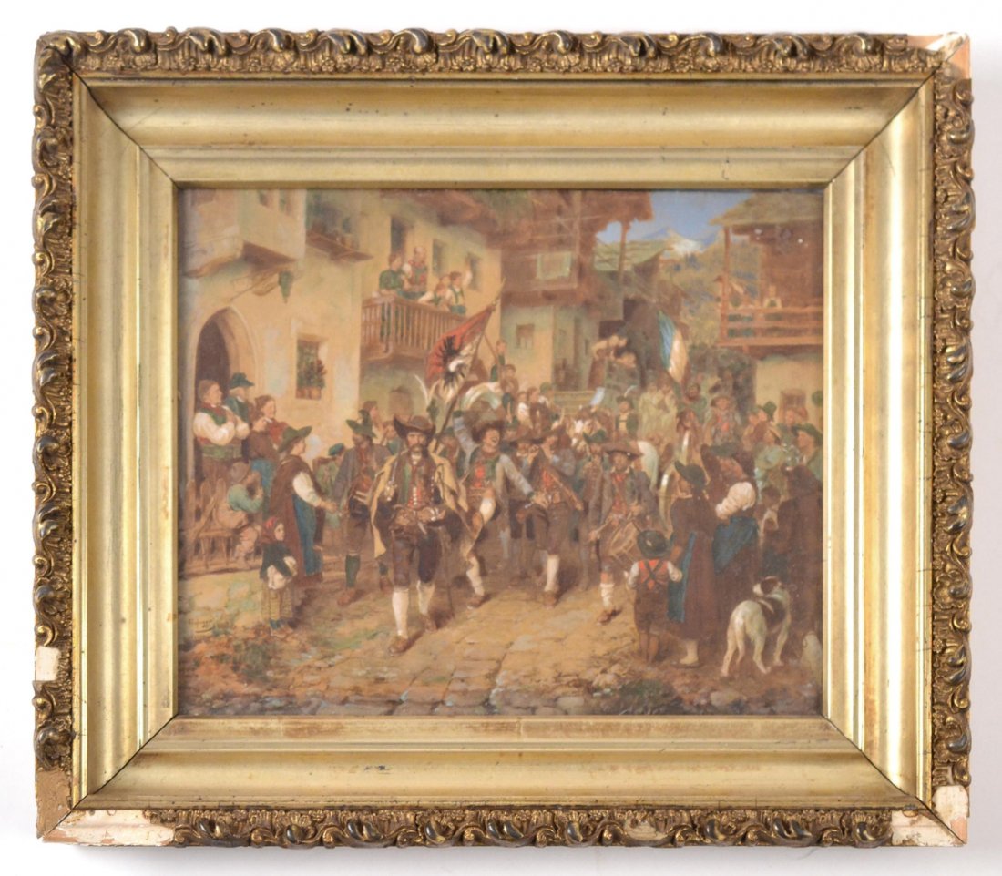 F. Von Defregger, "Reour Des Tyroliens": Franz Von Defregger. Oil on canvas laid down on wood board. Depicts a triumphant parade of returning soldiers through a mountaintop village. Signed bottom left "Defregger / 1876". [Art (sight): 8 1/8"