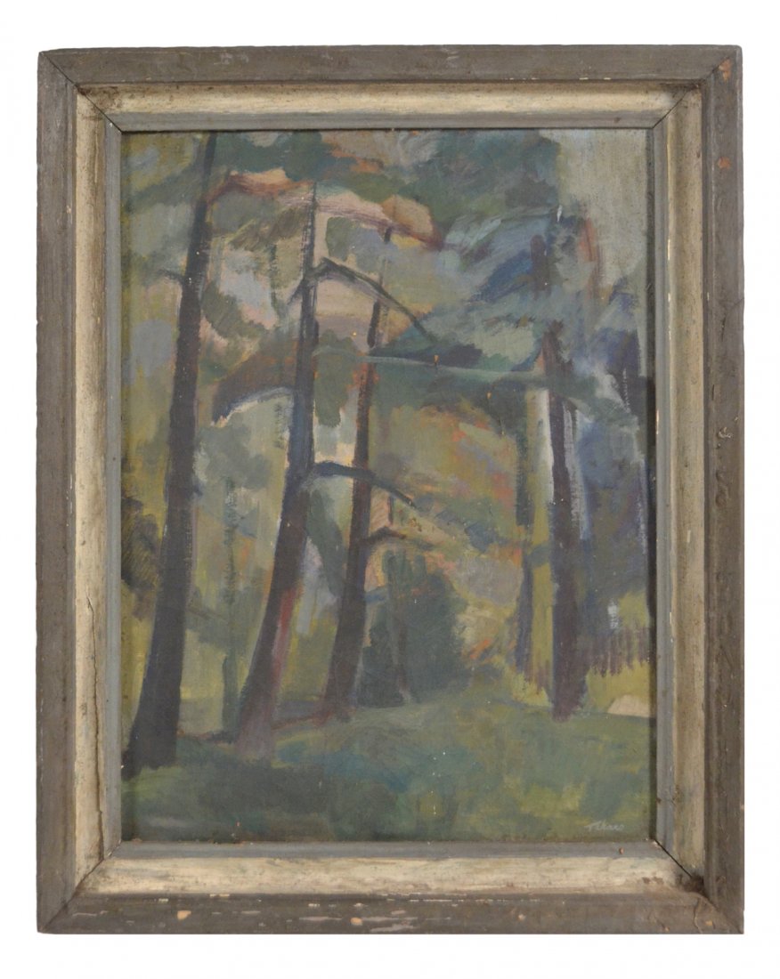 Takaro, Paris Park, Oil on Canvas: Featuring tall trees with sunlight. Signed bottom right, inscribed verso and dated ('49). [Sight: 19 1/2" H x 14 1/2" W; Frame: 23 3/4" H x 18 3/4" W]. Minor imperfections.