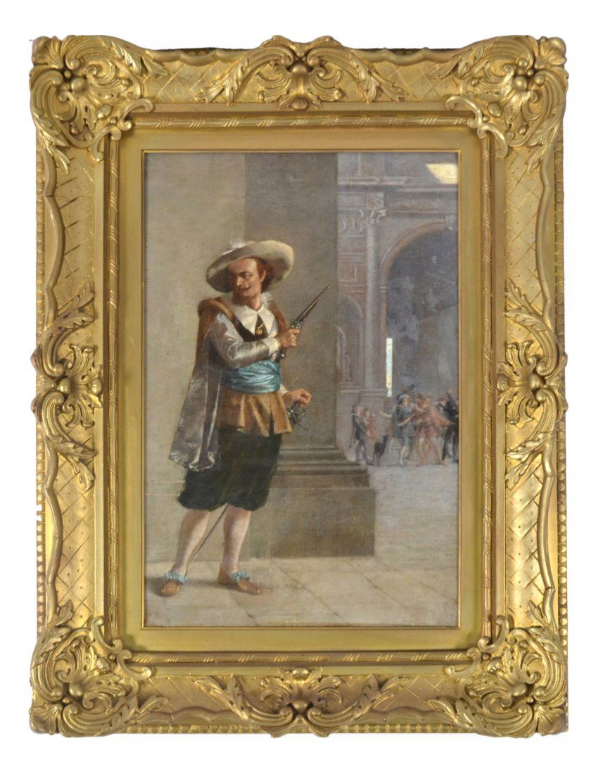 19th Century Depiction of a Man: Oil on canvas featuring a man brandishing a pistol and a sword in late 18th century dress, with a distant group of figures. Signed bottom left. [Sight: 24" H x 16" W; Frame: 34" H x 26" W]. Restretche
